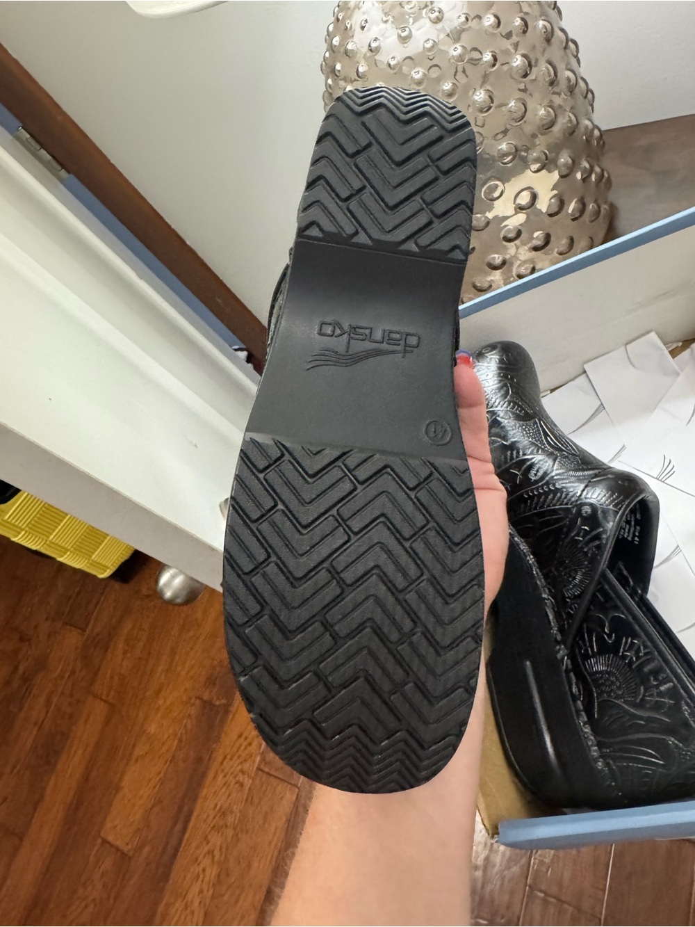 Dansko Black Embossed Leather Slip-On Clogs - Picture 4 of 6